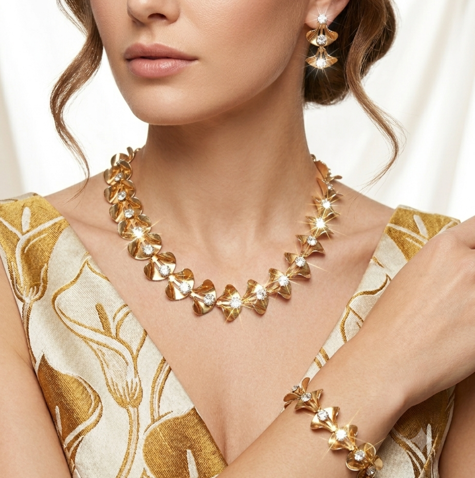 Vintage Clear Rhinestone Golden CALLA LILY Flower Necklace Bracelet Earrings Set