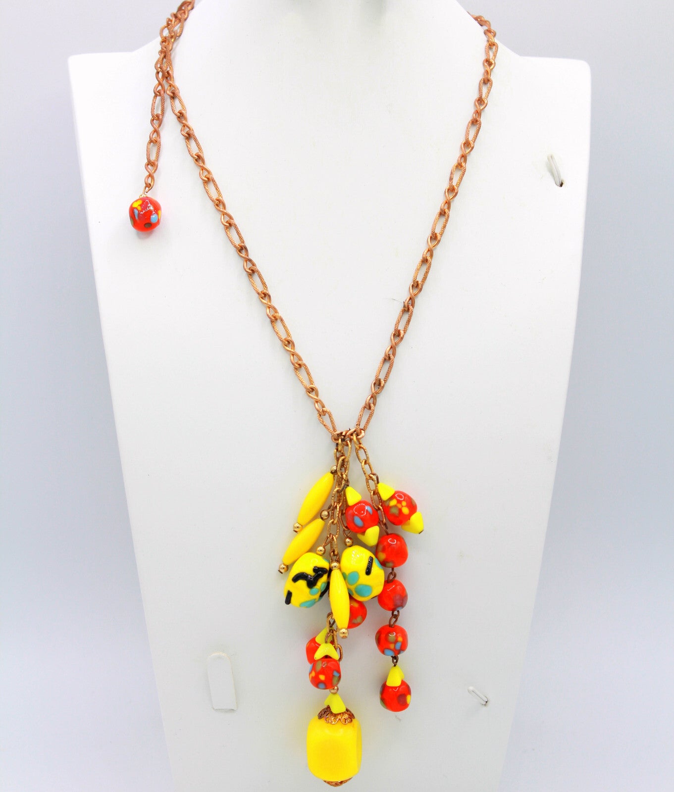 VTG HOBE Orange Yellow Lampwork Murano Glass Bead Dangle Fringe Lariat Necklace