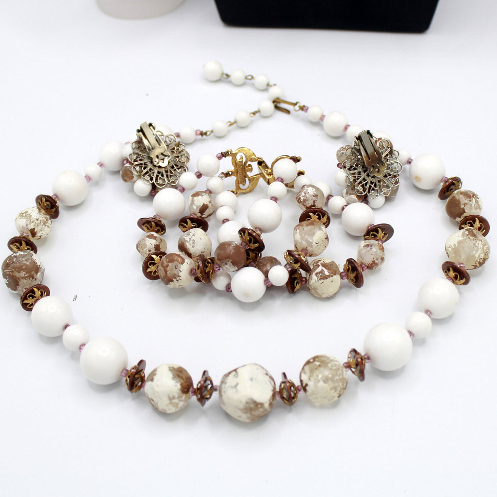 Vintage DEAUVILLE Painted Beads Gold Mauve White Necklace Bracelet Earrings Set