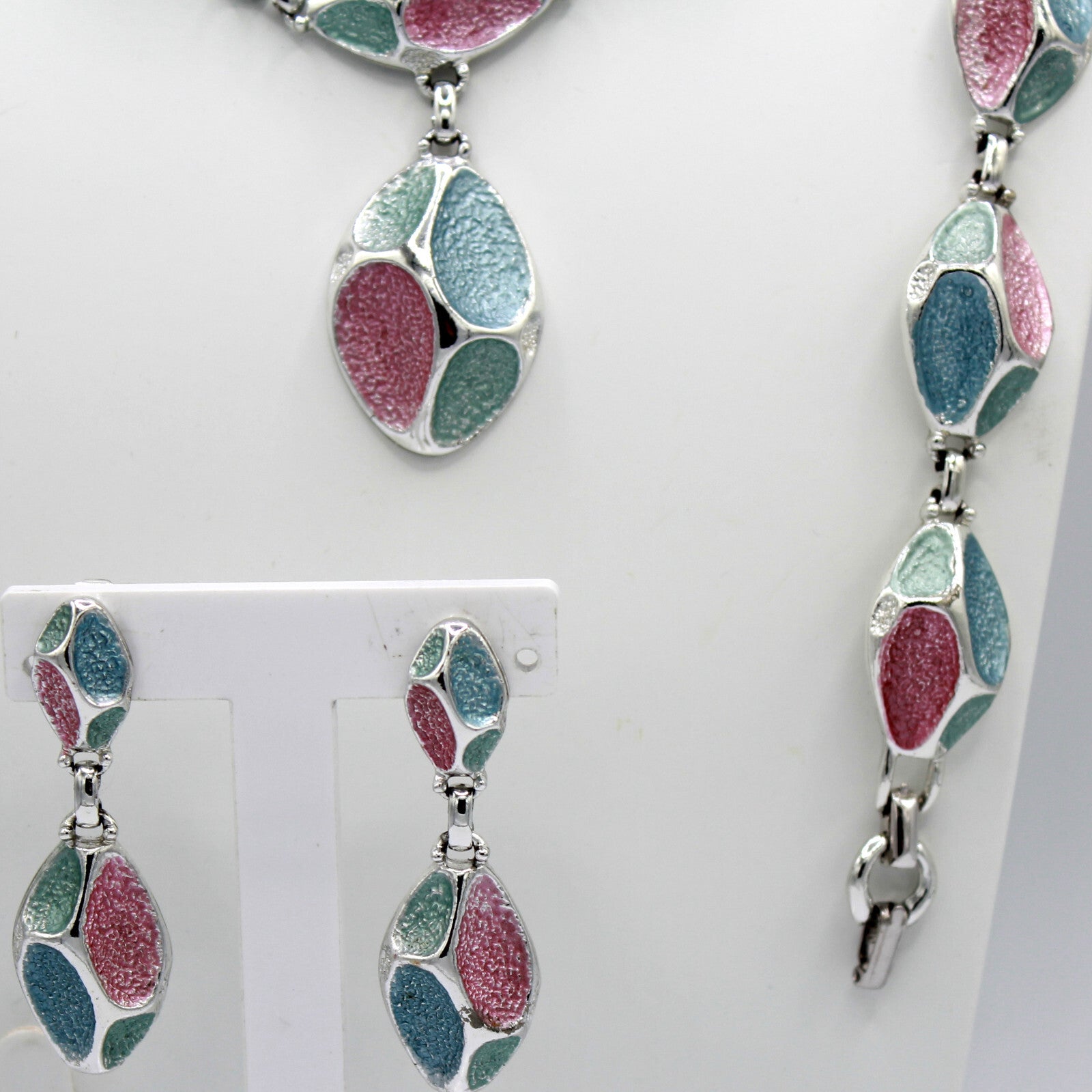Vintage EMMONS Sparkle Blue Pink Green Enamel Mod Necklace Bracelet Earrings Set