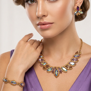 Vintage Topaz Lavender AB Rhinestone Halo Necklace Bracelet Earrings Set