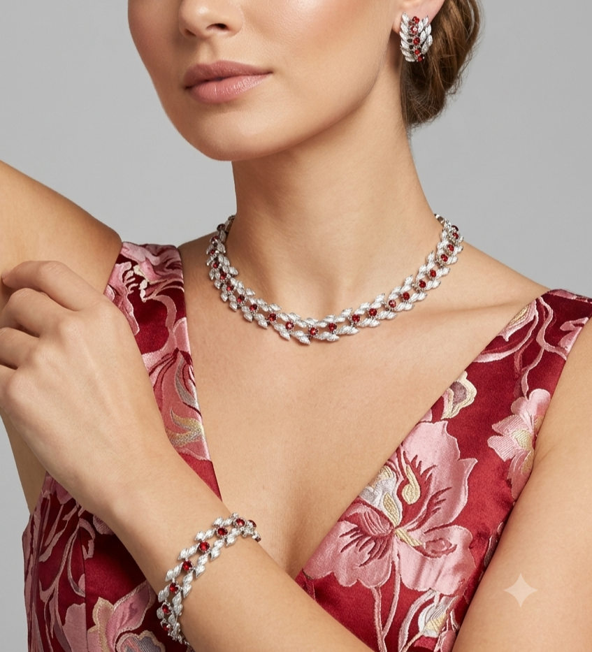 Vintage Elegant RED RHINESTONE Silver Leaves Necklace Bracelet Earrings Set
