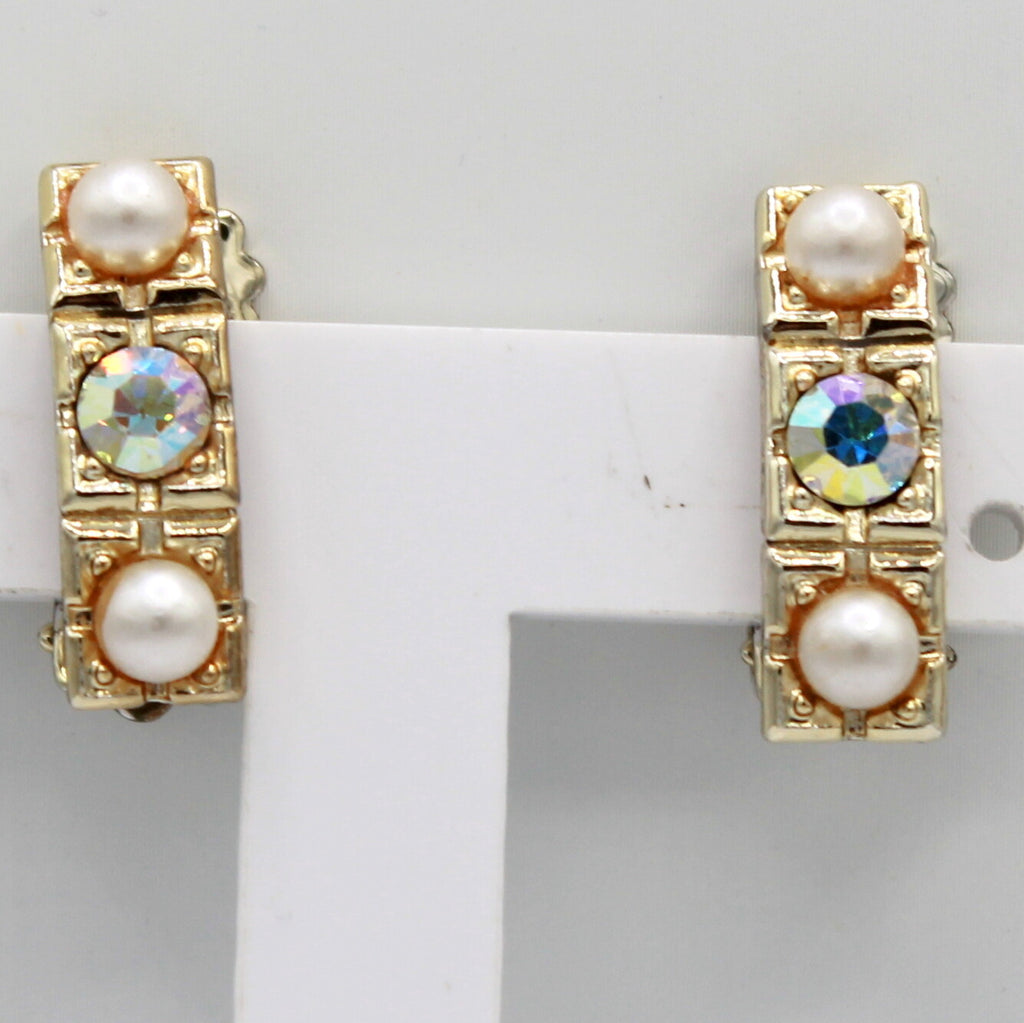 Vintage AB Rhinestone Faux Pearl Squares Linear Necklace Bracelet Earrings Set