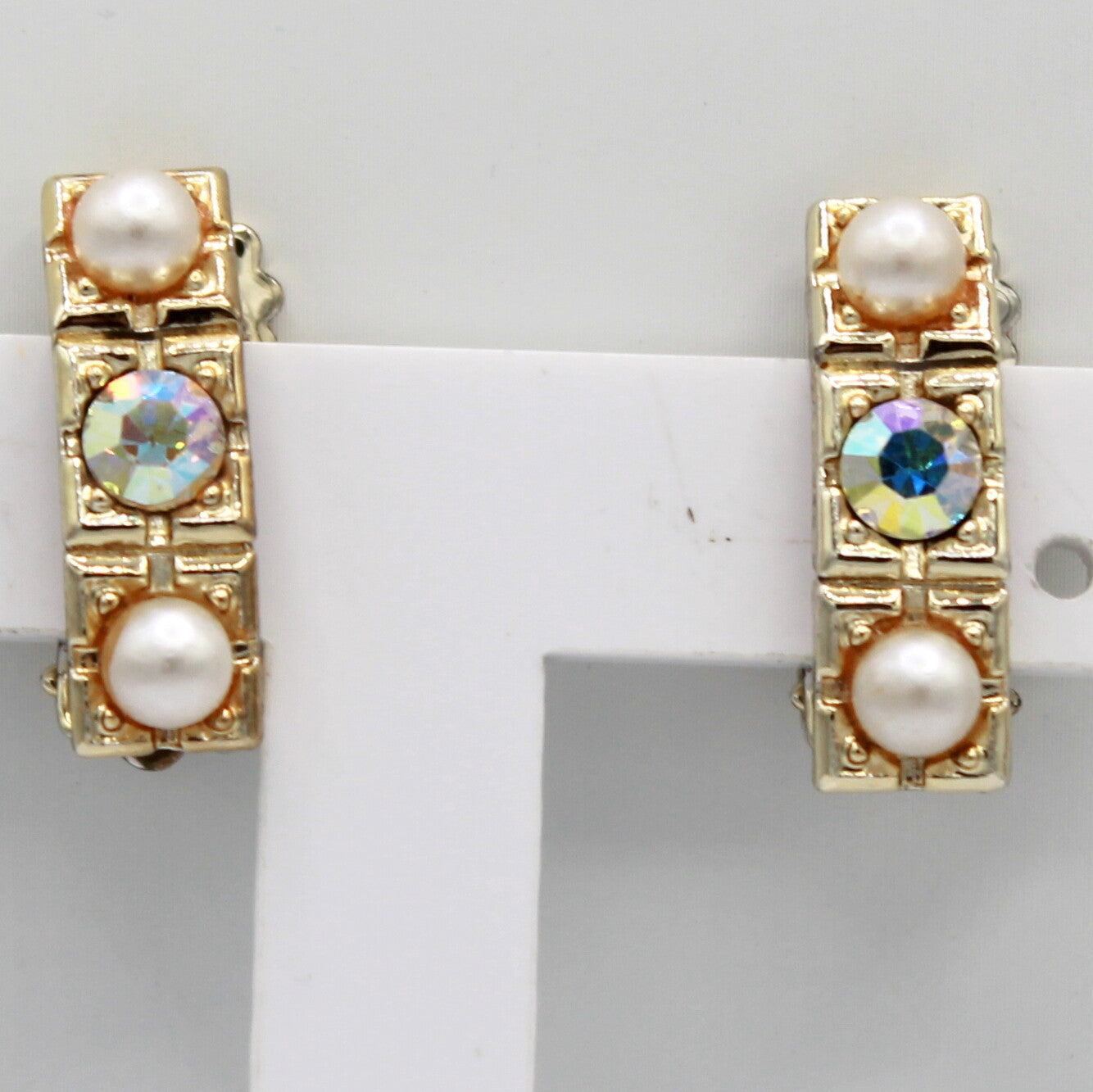 Vintage AB Rhinestone Faux Pearl Squares Linear Necklace Bracelet Earrings Set