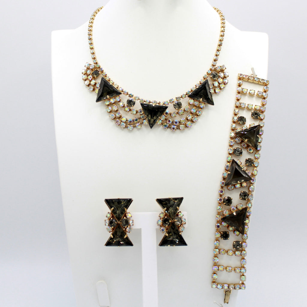 Vintage BLACK DIAMOND GRAY Triangle AB Rhinestone Necklace Bracelet Earrings Set