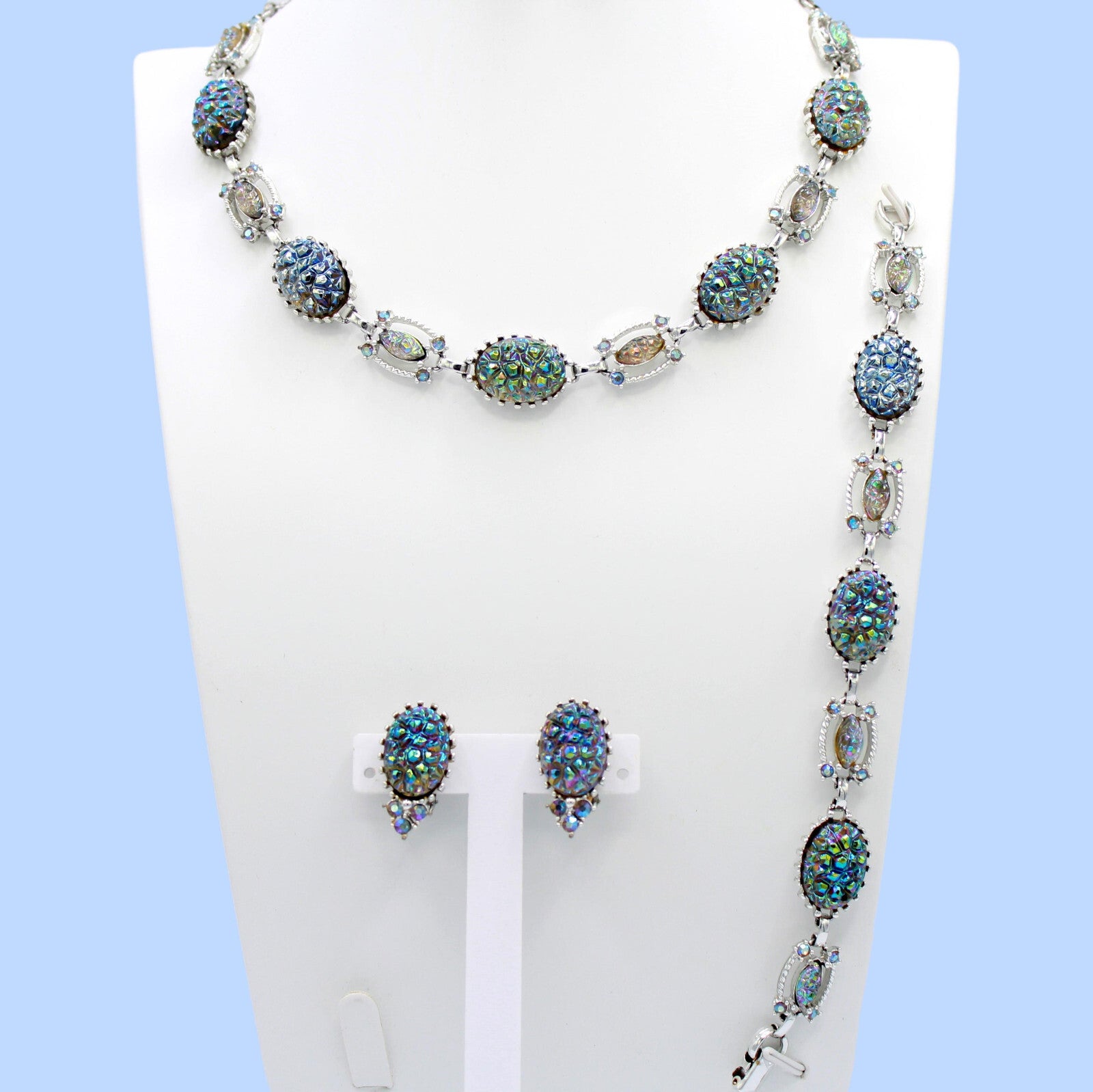Blue Iridescent Carnival Glass Geode Rhinestone Necklace Bracelet Earrings Set