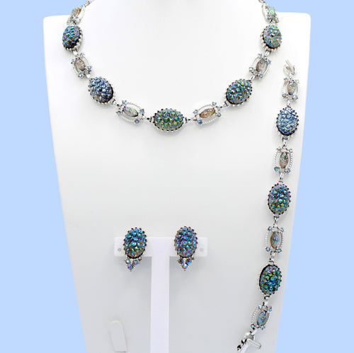 Blue Iridescent Carnival Glass Geode Rhinestone Necklace Bracelet Earrings Set