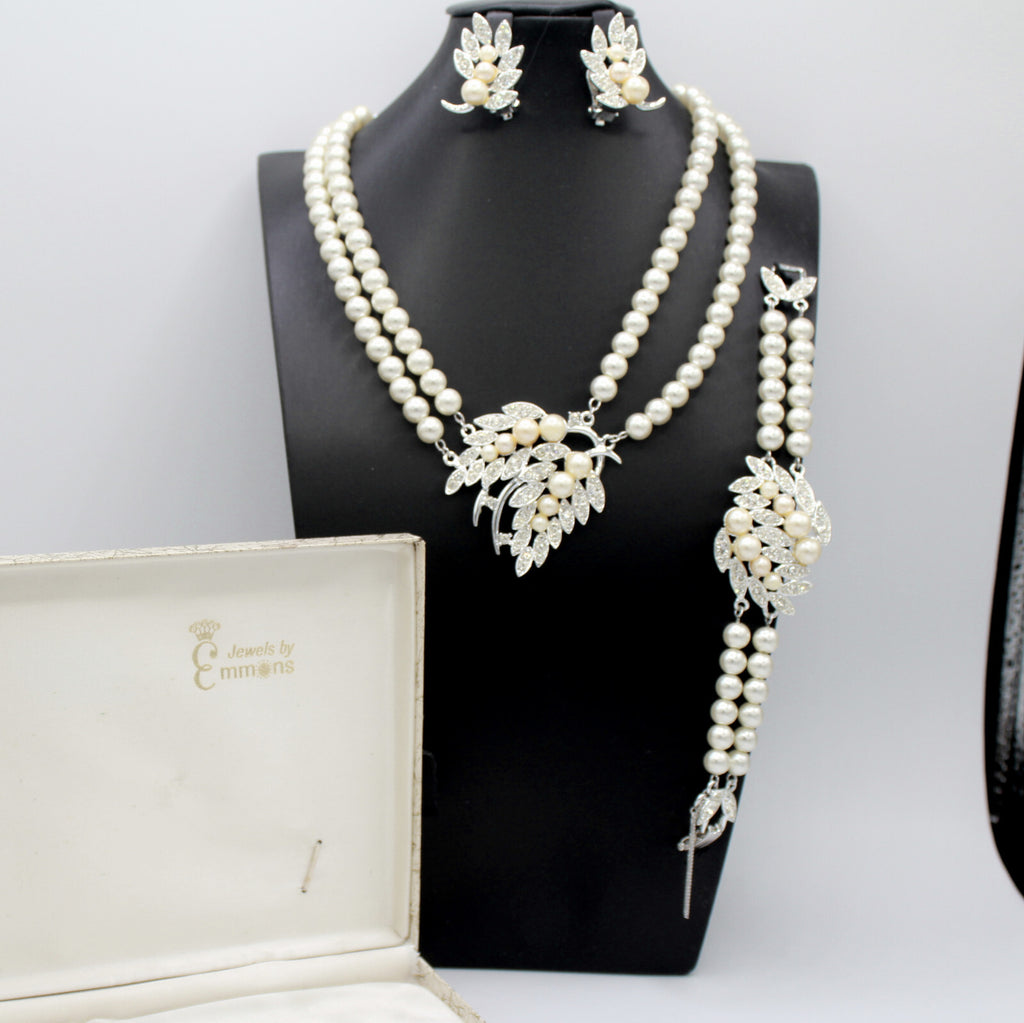 Vintage EMMONS Pearl Rhinestone Leaf Necklace Bracelet Earrings Set Original Box