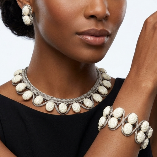 HOBE? White Carved Black Rhinestone Mesh Collar Necklace Bracelet Earrings Set