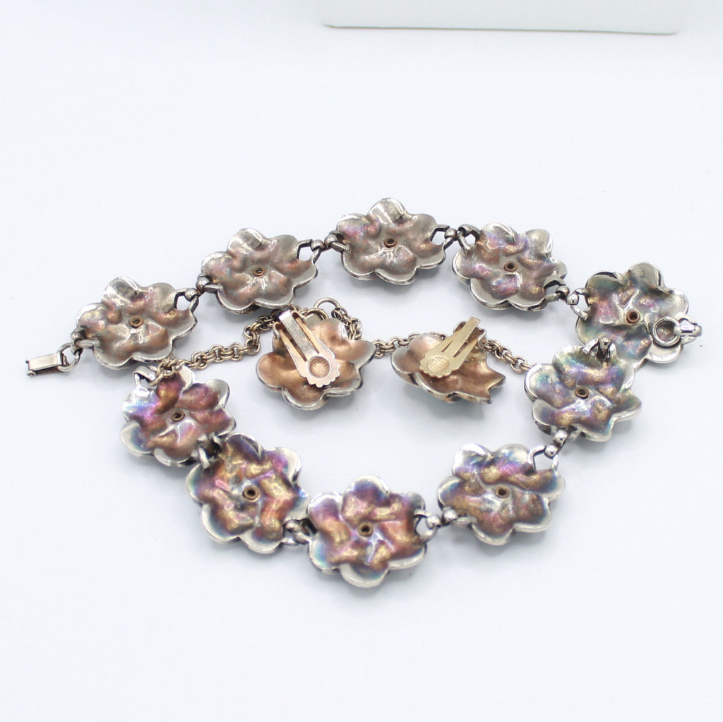 VTG Baby Blue Rhinestone Metal Swirling Flower Necklace Bracelet Earrings Set