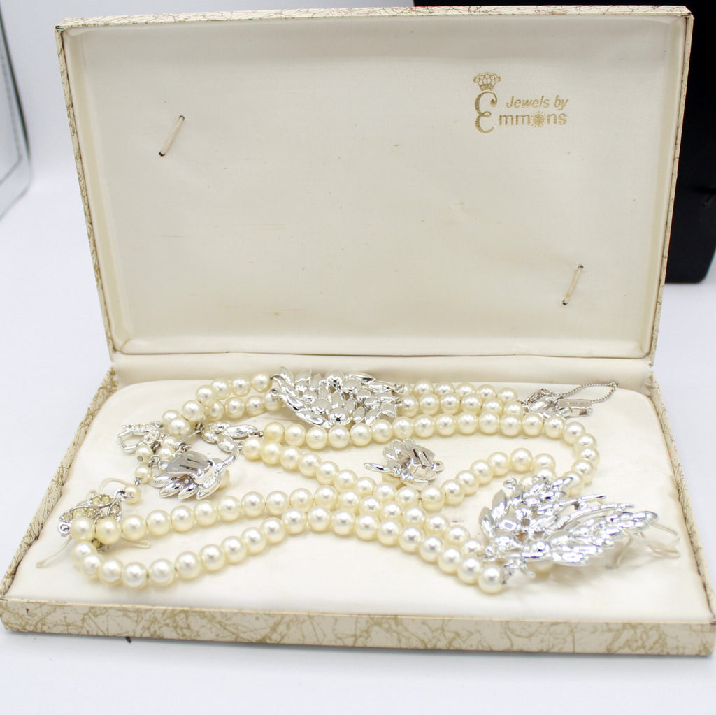Vintage EMMONS Pearl Rhinestone Leaf Necklace Bracelet Earrings Set Original Box