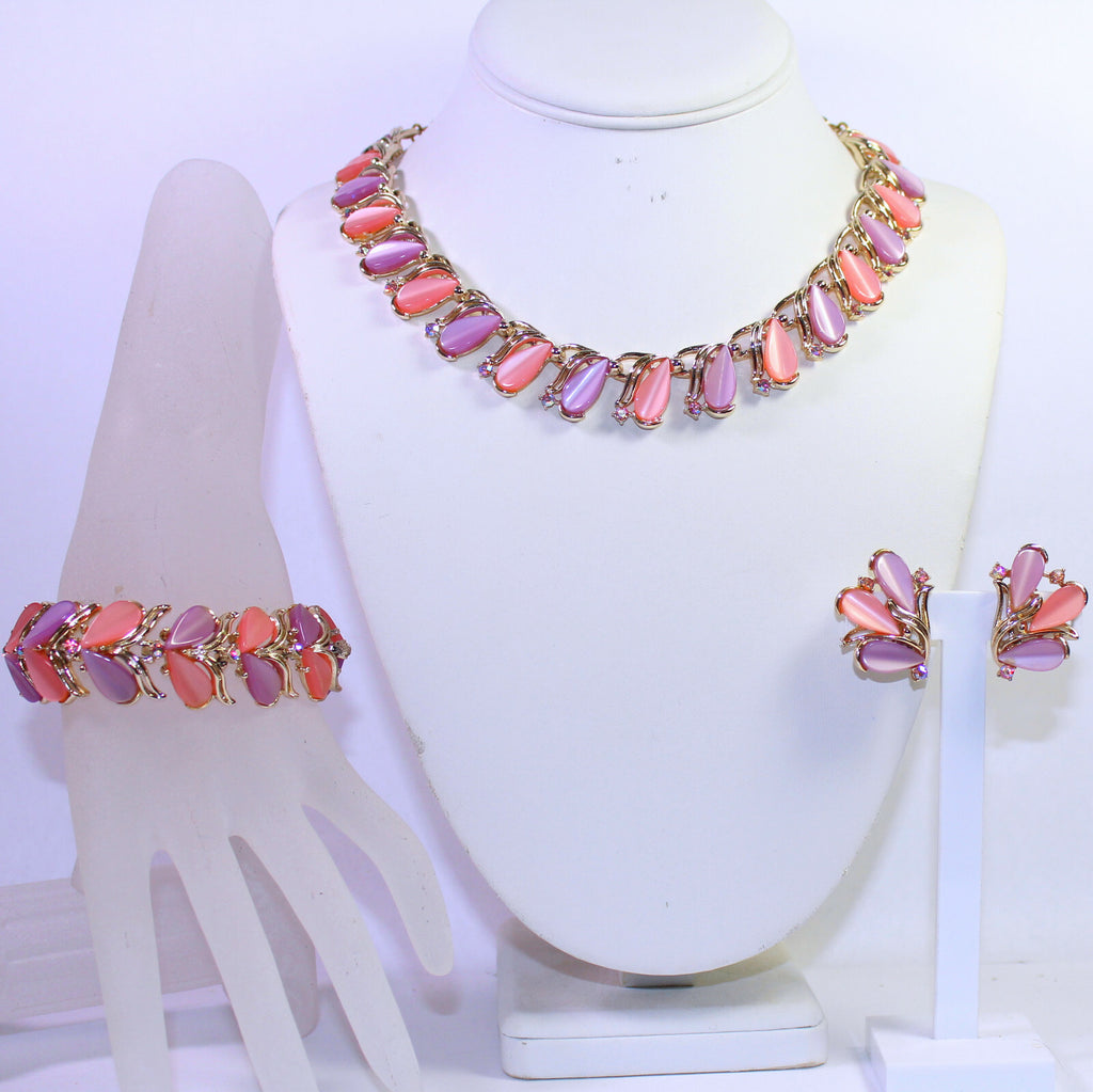 VTG ART Pastel Pink Lavender Thermoset Rhinestone Necklace Bracelet Earrings Set