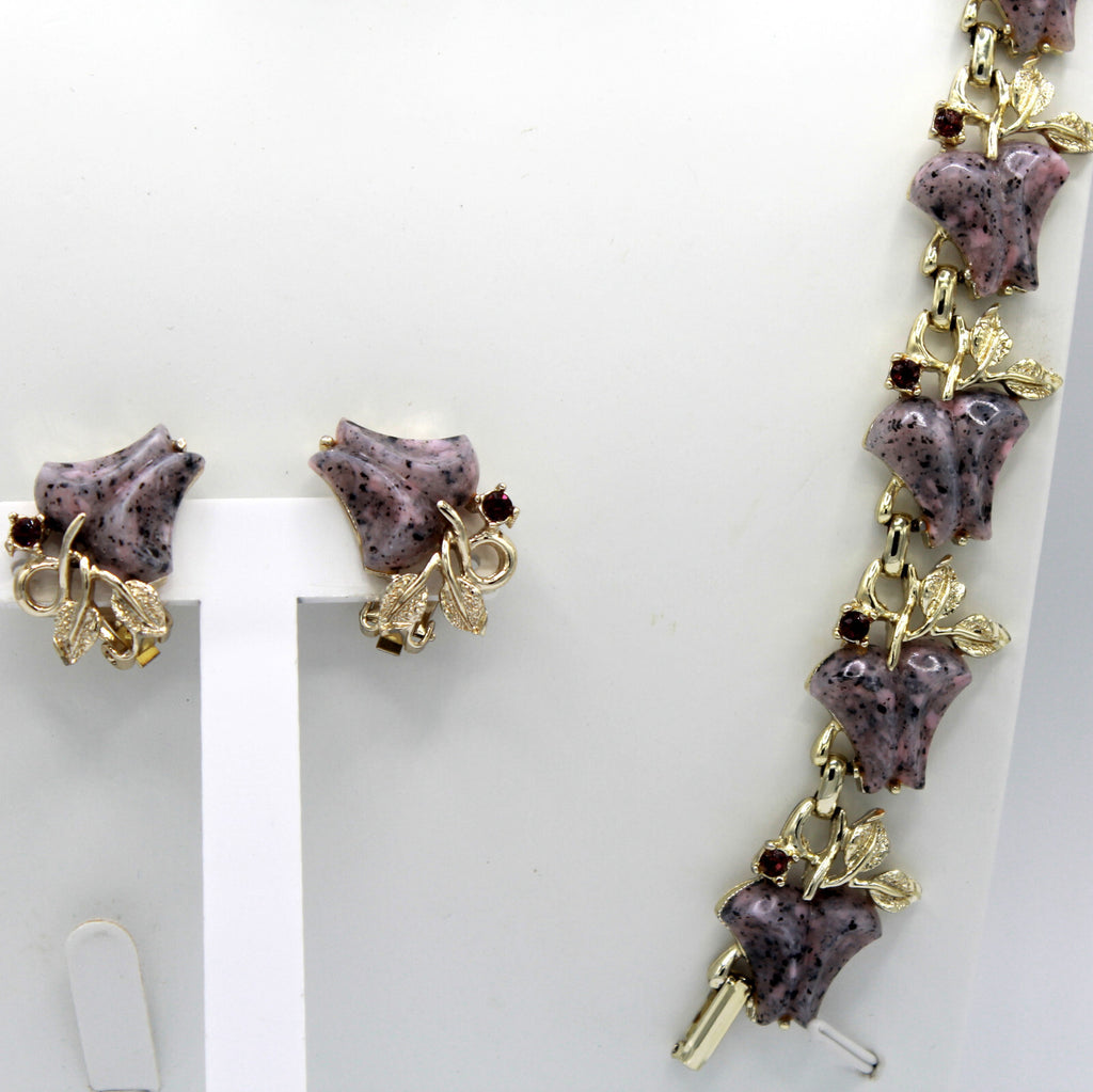 VTG Lavender Purple Lucite Bell Flower Rhinestone Necklace Bracelet Earrings Set