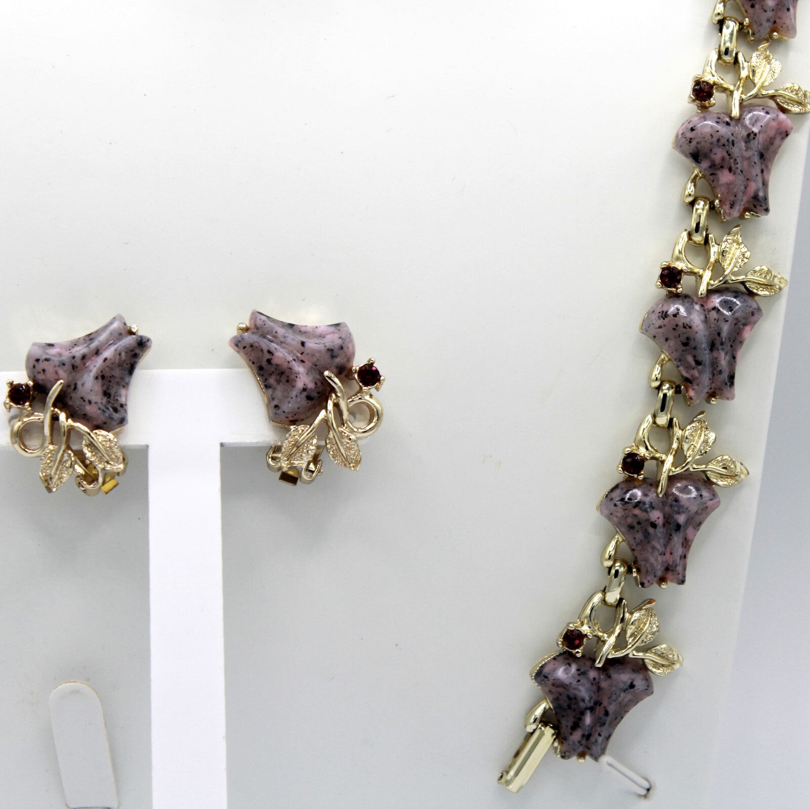 VTG Lavender Purple Lucite Bell Flower Rhinestone Necklace Bracelet Earrings Set