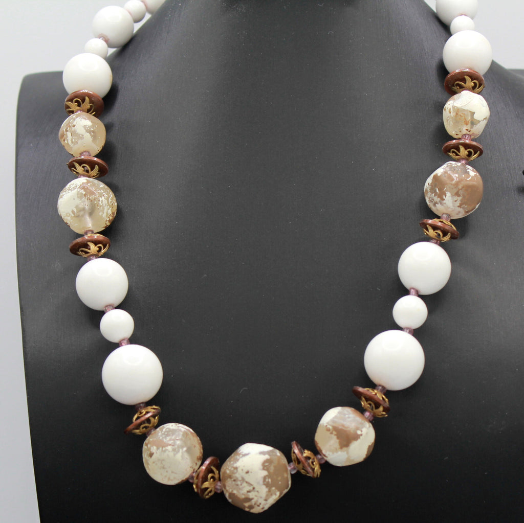 Vintage DEAUVILLE Painted Beads Gold Mauve White Necklace Bracelet Earrings Set