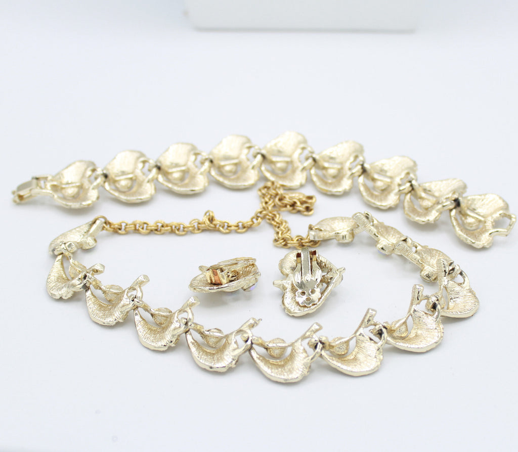 Vintage AB RHINESTONE Brushed Gold Toned Feather Necklace Bracelet Earrings Set