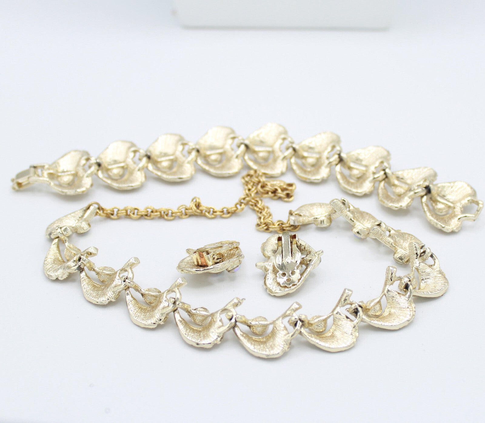 Vintage AB RHINESTONE Brushed Gold Toned Feather Necklace Bracelet Earrings Set