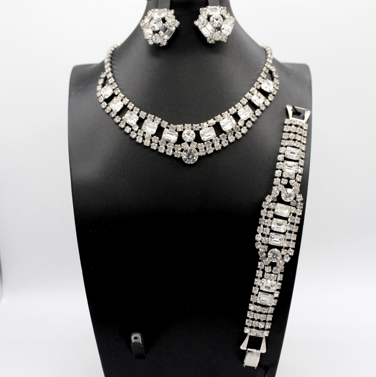 Vintage Statement CLEAR CUSHION CUT Rhinestone Necklace Bracelet Earrings Set