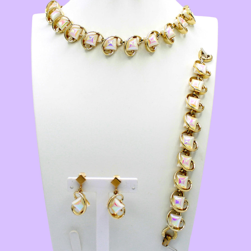 VTG Iridescent White Square Glass Geometric Mod Necklace Bracelet Earrings Set