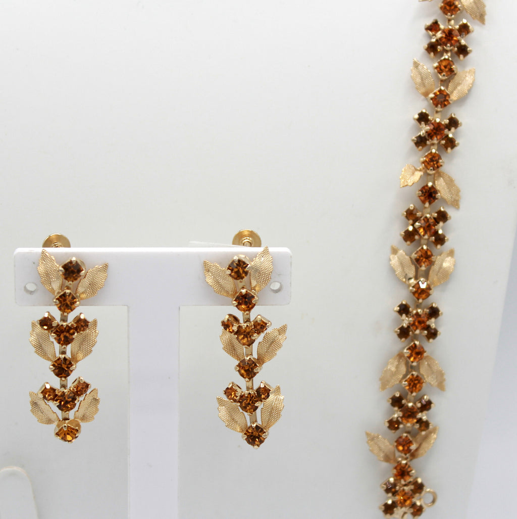 Vintage Dainty Topaz Amber Rhinestone Leaf Necklace Bracelet Dangle Earrings Set