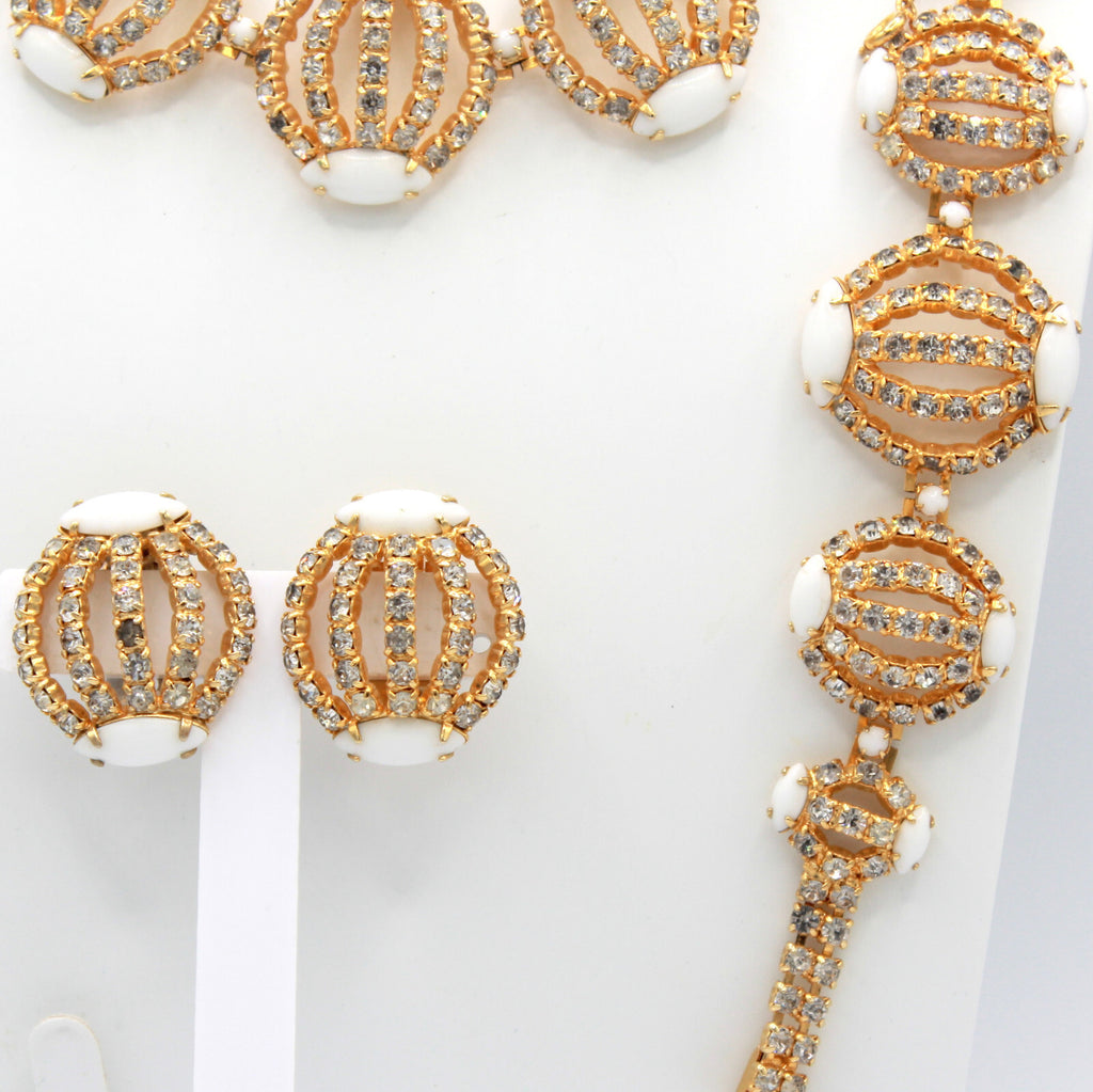 Vintage Clear Rhinestone White Milk Glass Caged Necklace Bracelet Earrings Set