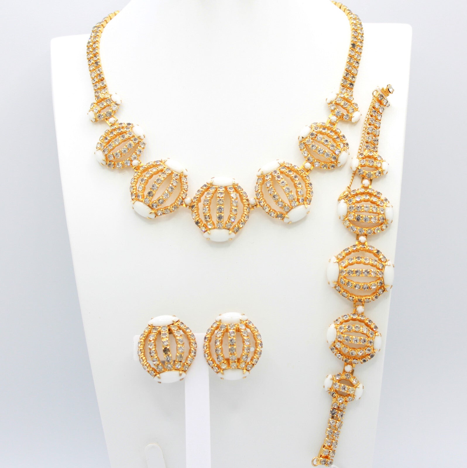 Vintage Clear Rhinestone White Milk Glass Caged Necklace Bracelet Earrings Set
