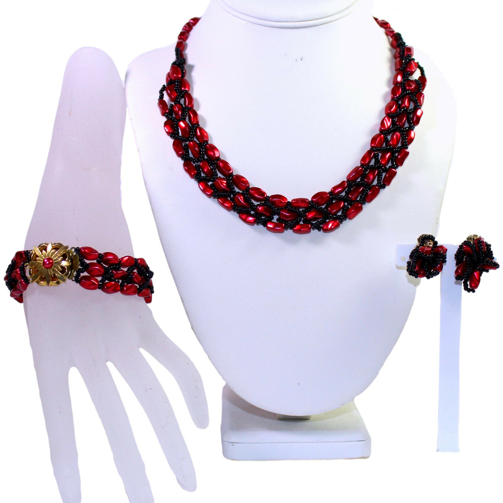 Vintage Cranberry Red Black Braided Bead Necklace Bracelet Earrings Set parure
