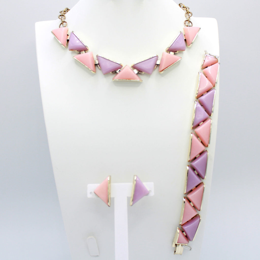 VTG Pink Lavender Triangle Geometric Thermoset Necklace Bracelet Earrings Set