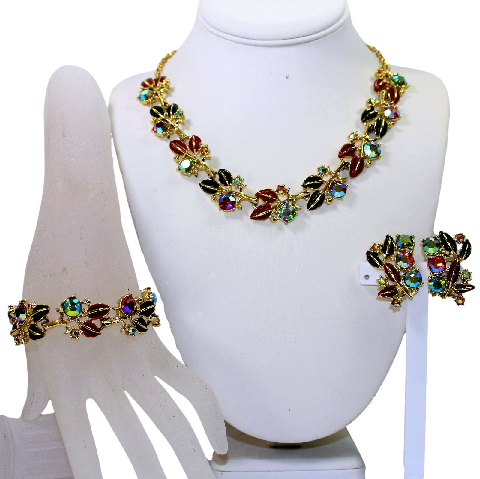 Vintage TARA Fall Colors Enamel Rhinestone Leaf Necklace Bracelet Earrings Set