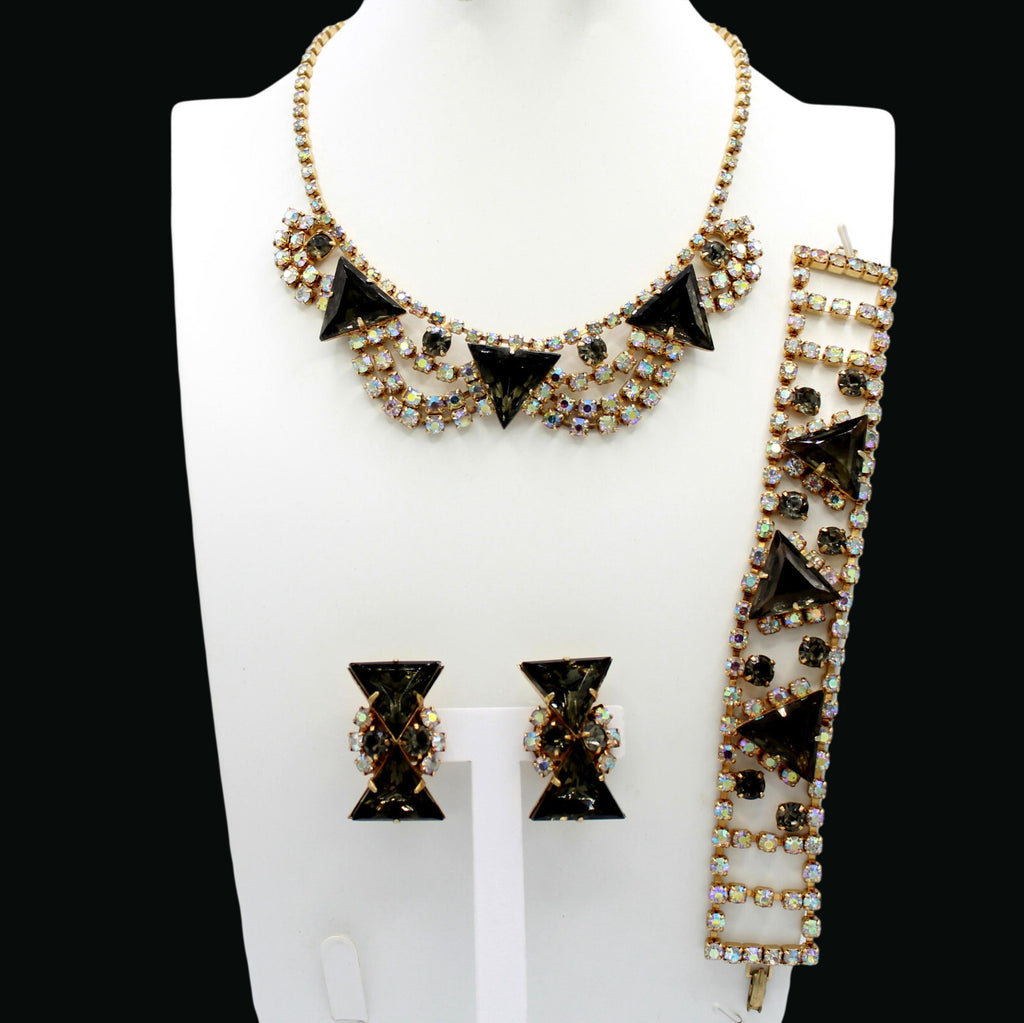 Vintage BLACK DIAMOND GRAY Triangle AB Rhinestone Necklace Bracelet Earrings Set