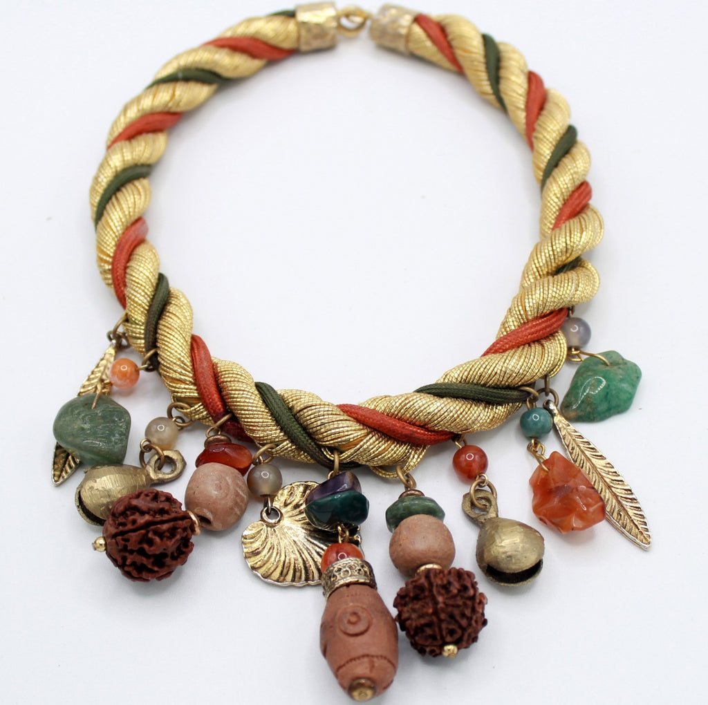 VTG JULIANA Gold Rust Olive Twisted Cord Ethnic Stone Charm Necklace IIJJ#8832