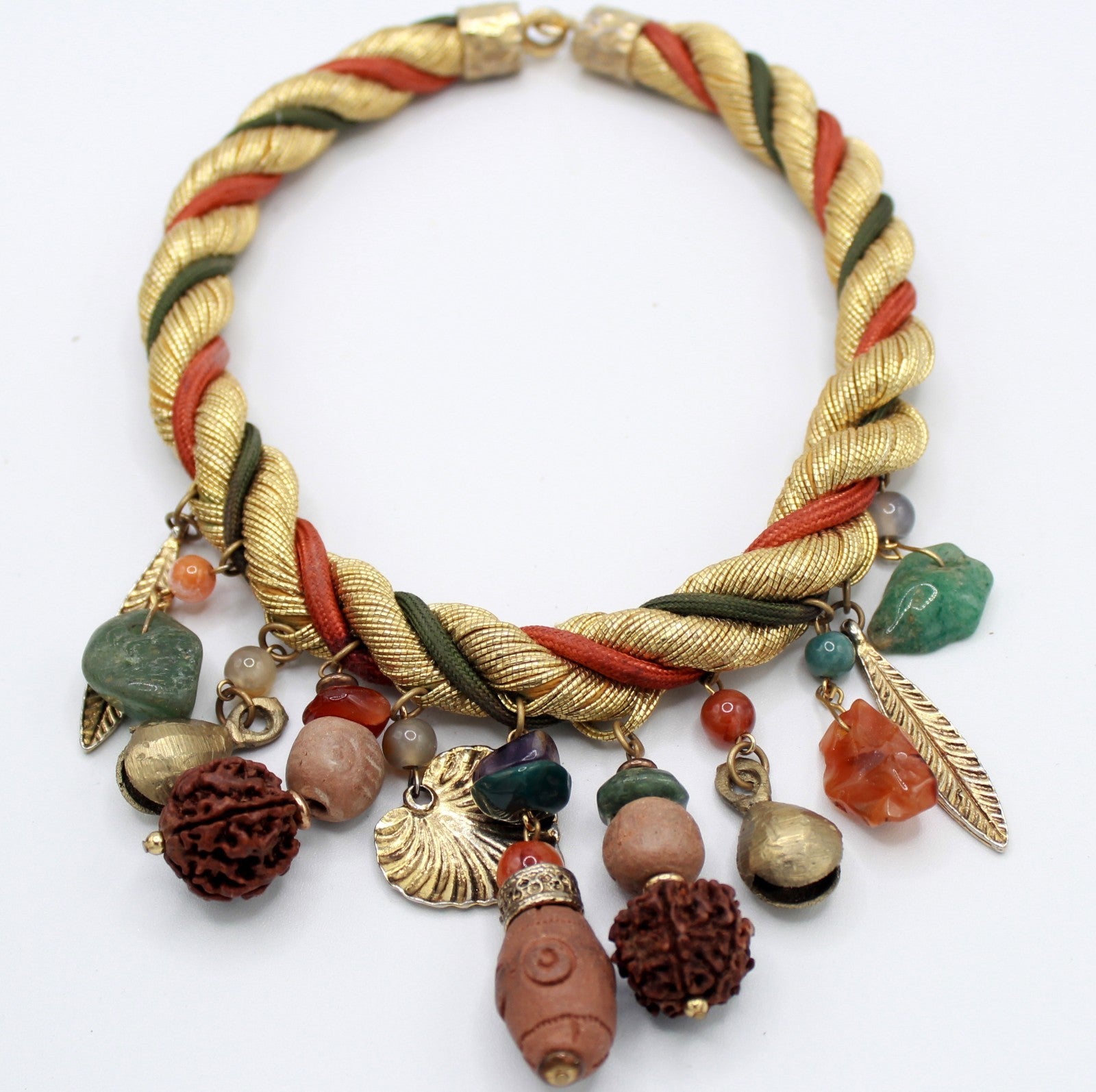 VTG JULIANA Gold Rust Olive Twisted Cord Ethnic Stone Charm Necklace IIJJ#8832