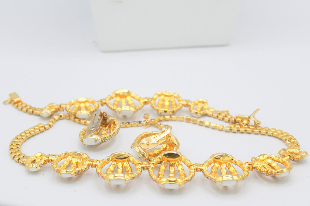 Vintage Clear Rhinestone White Milk Glass Caged Necklace Bracelet Earrings Set