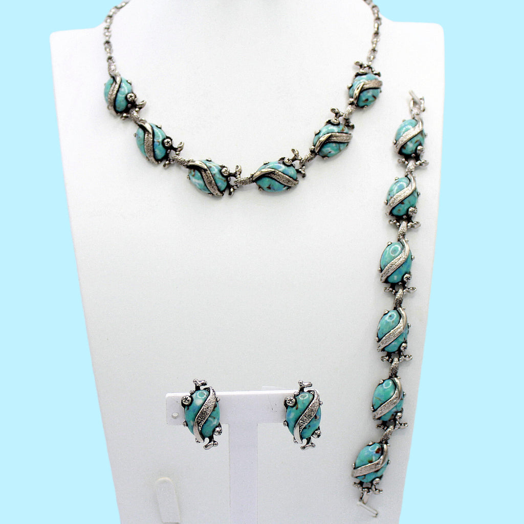 Vintage Glass Turquoise Matrix Cabochon Vine Wrap Necklace Bracelet Earrings Set