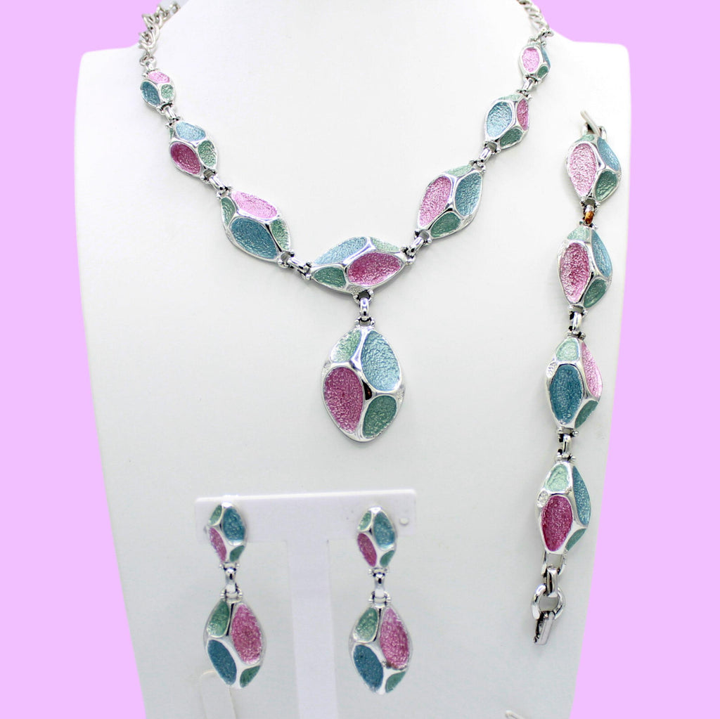 Vintage EMMONS Sparkle Blue Pink Green Enamel Mod Necklace Bracelet Earrings Set