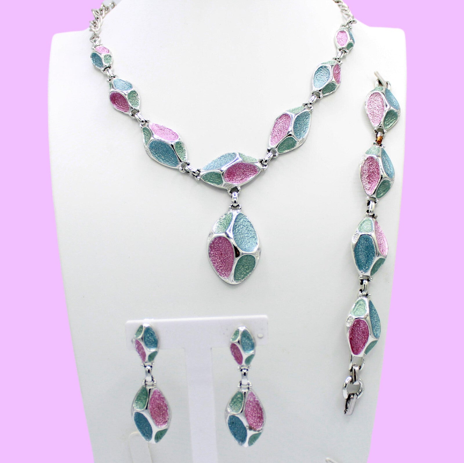 Vintage EMMONS Sparkle Blue Pink Green Enamel Mod Necklace Bracelet Earrings Set