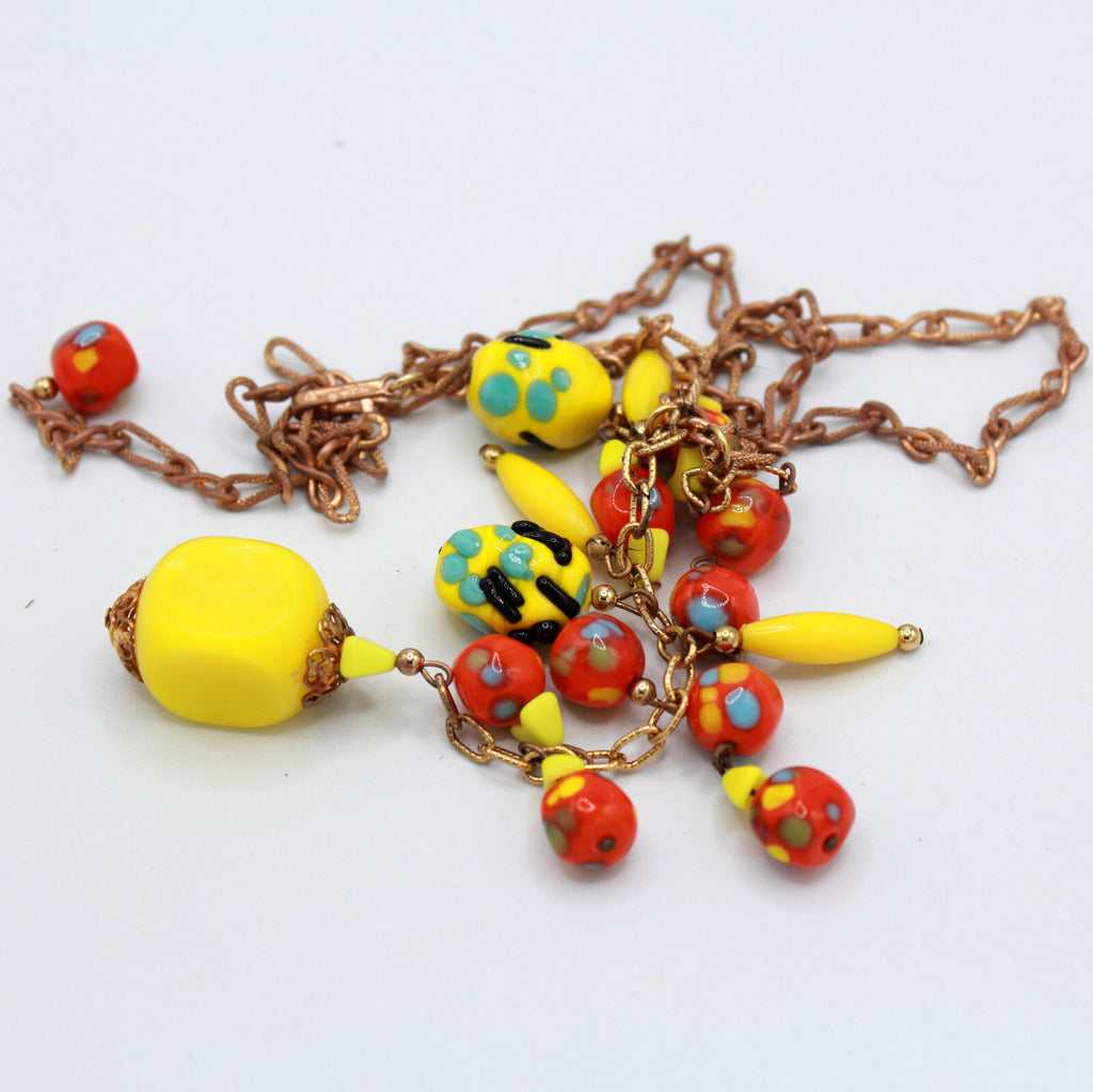 VTG HOBE Orange Yellow Lampwork Murano Glass Bead Dangle Fringe Lariat Necklace