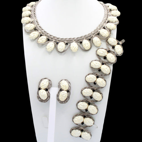 HOBE? White Carved Black Rhinestone Mesh Collar Necklace Bracelet Earrings Set