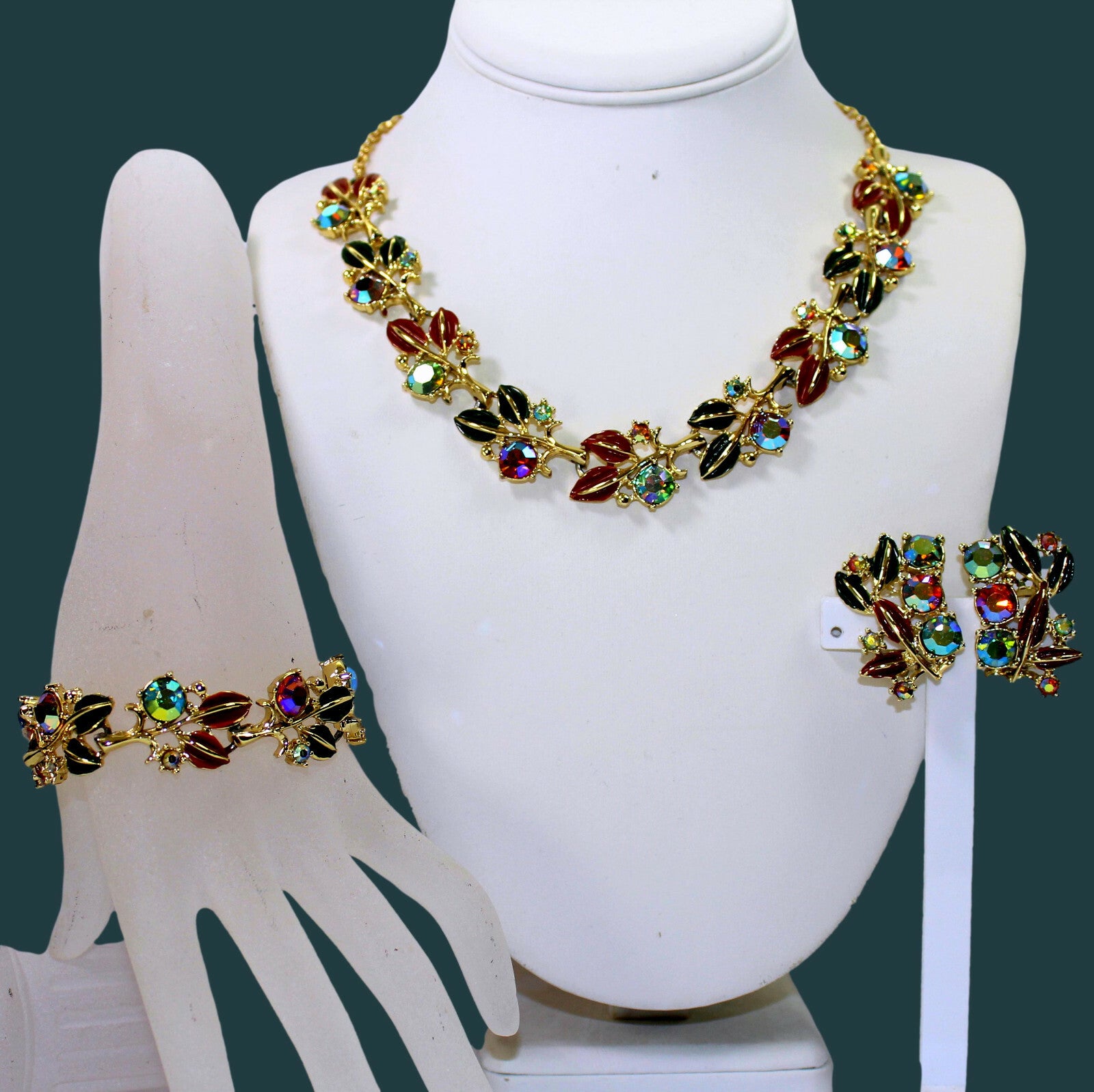 Vintage TARA Fall Colors Enamel Rhinestone Leaf Necklace Bracelet Earrings Set