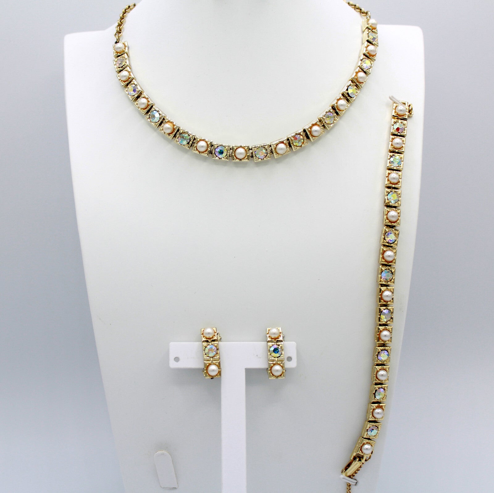 Vintage AB Rhinestone Faux Pearl Squares Linear Necklace Bracelet Earrings Set