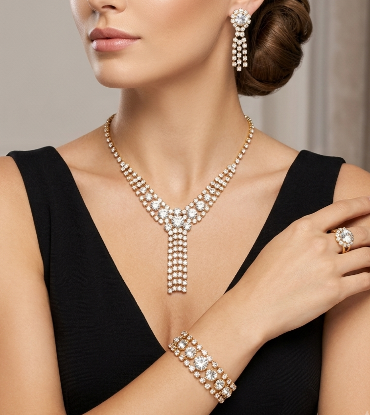 Vintage Sparkling Statement CLEAR RHINESTONE Ring Necklace Bracelet Earrings Set