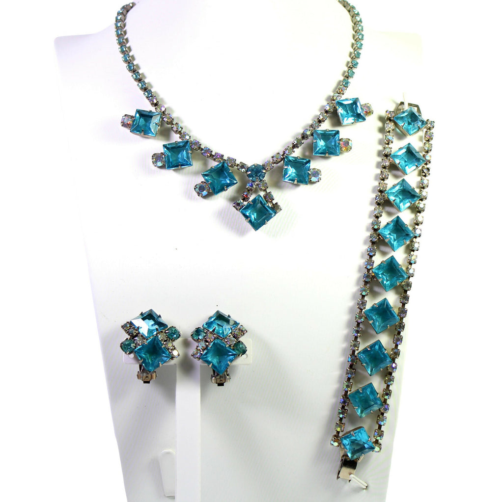 VTG AQUA TEAL BLUE Geometric Squares Rhinestone Necklace Bracelet Earrings Set