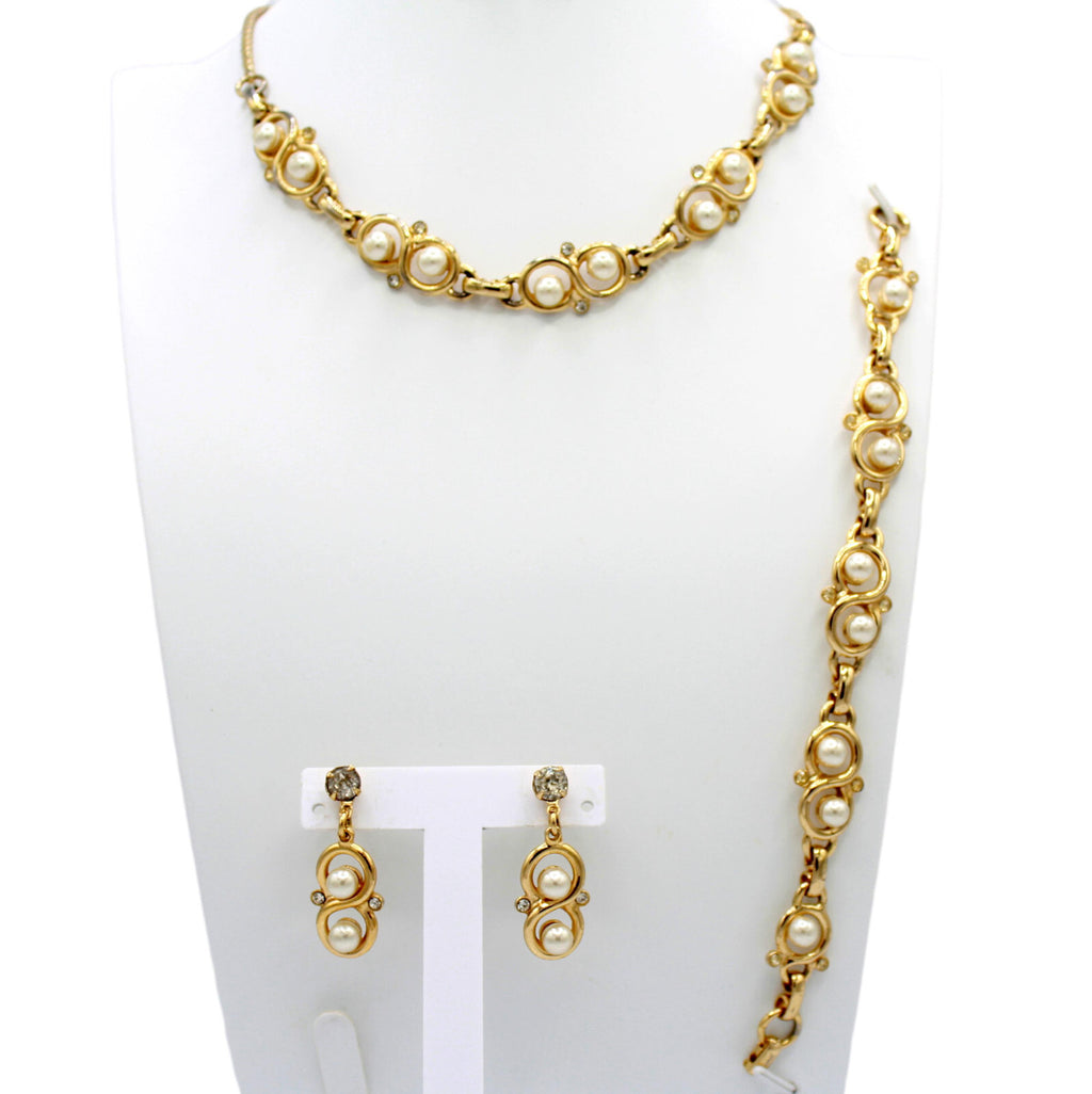 Vintage INFINITY SYMBOL PEARL CLEAR Rhinestone Necklace Bracelet Earrings Set