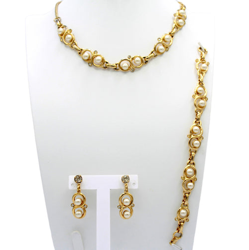 Vintage INFINITY SYMBOL PEARL CLEAR Rhinestone Necklace Bracelet Earrings Set
