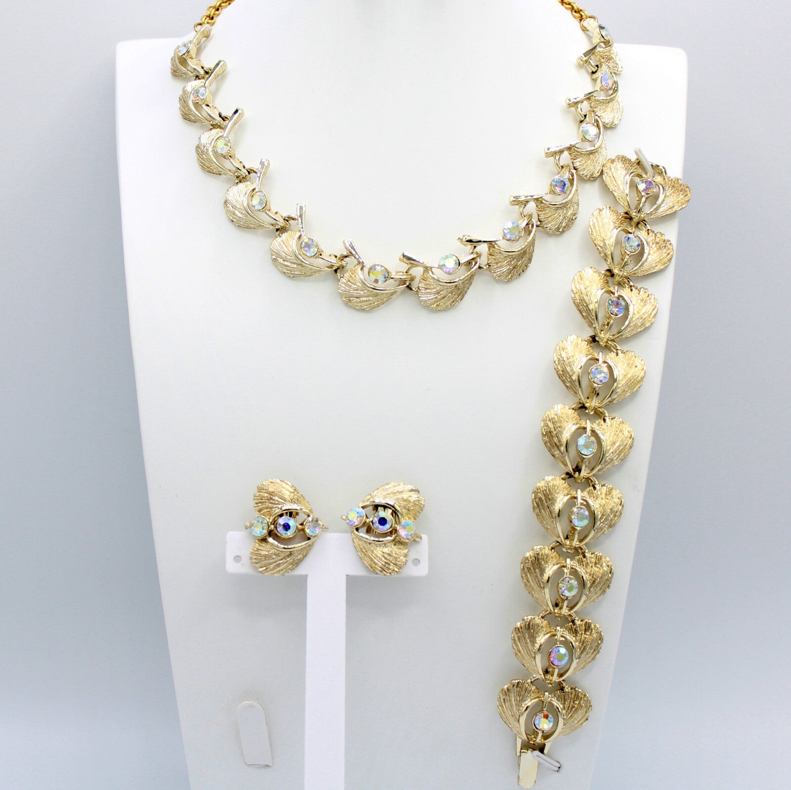 Vintage AB RHINESTONE Brushed Gold Toned Feather Necklace Bracelet Earrings Set