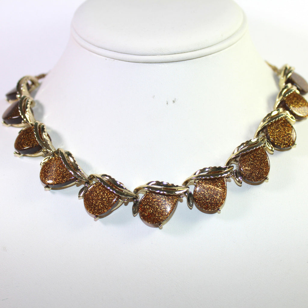 Vintage Copper Gold Glitter Brown Thermoset Necklace Bracelet Earrings Parure