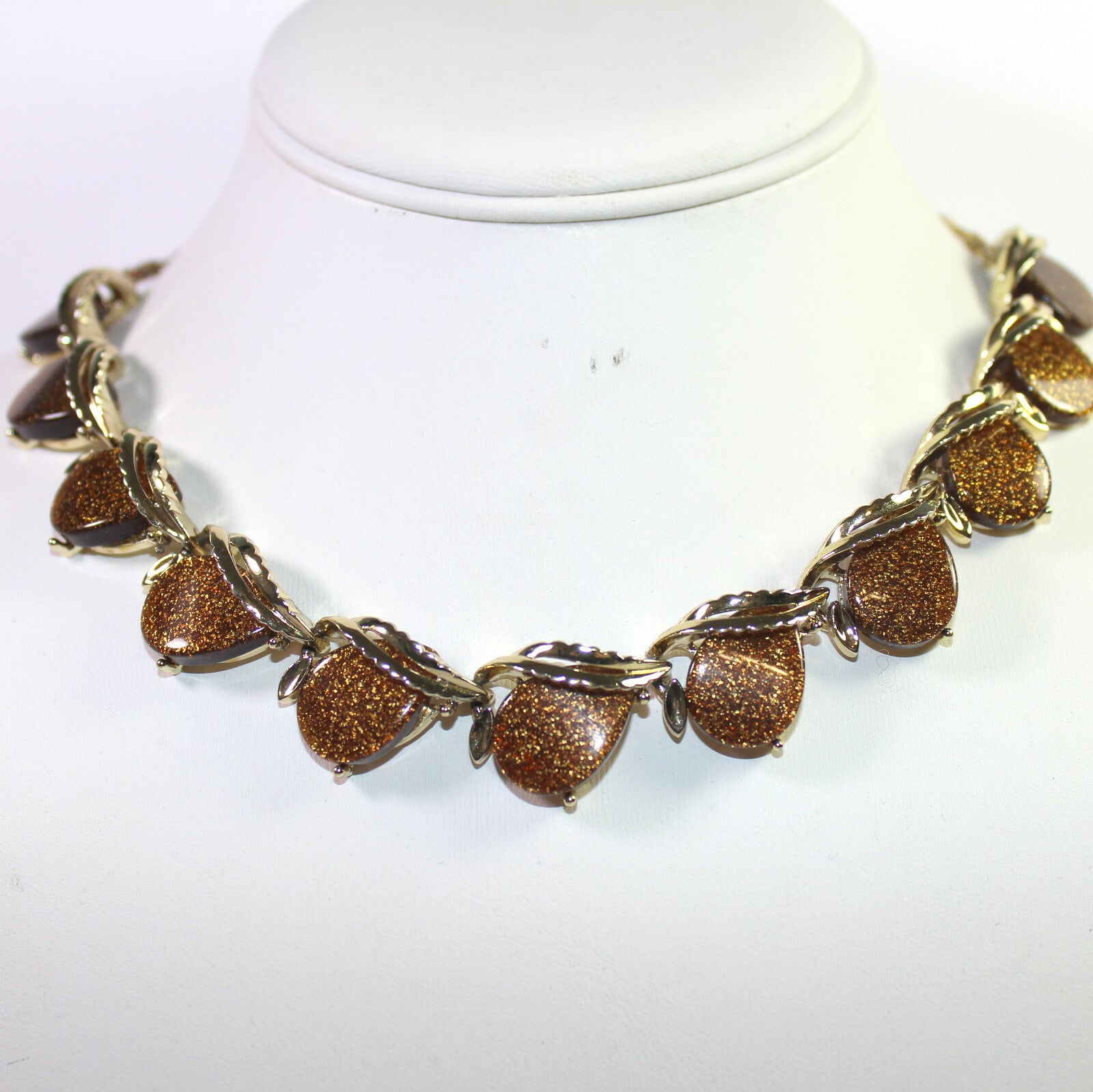 Vintage Copper Gold Glitter Brown Thermoset Necklace Bracelet Earrings Parure