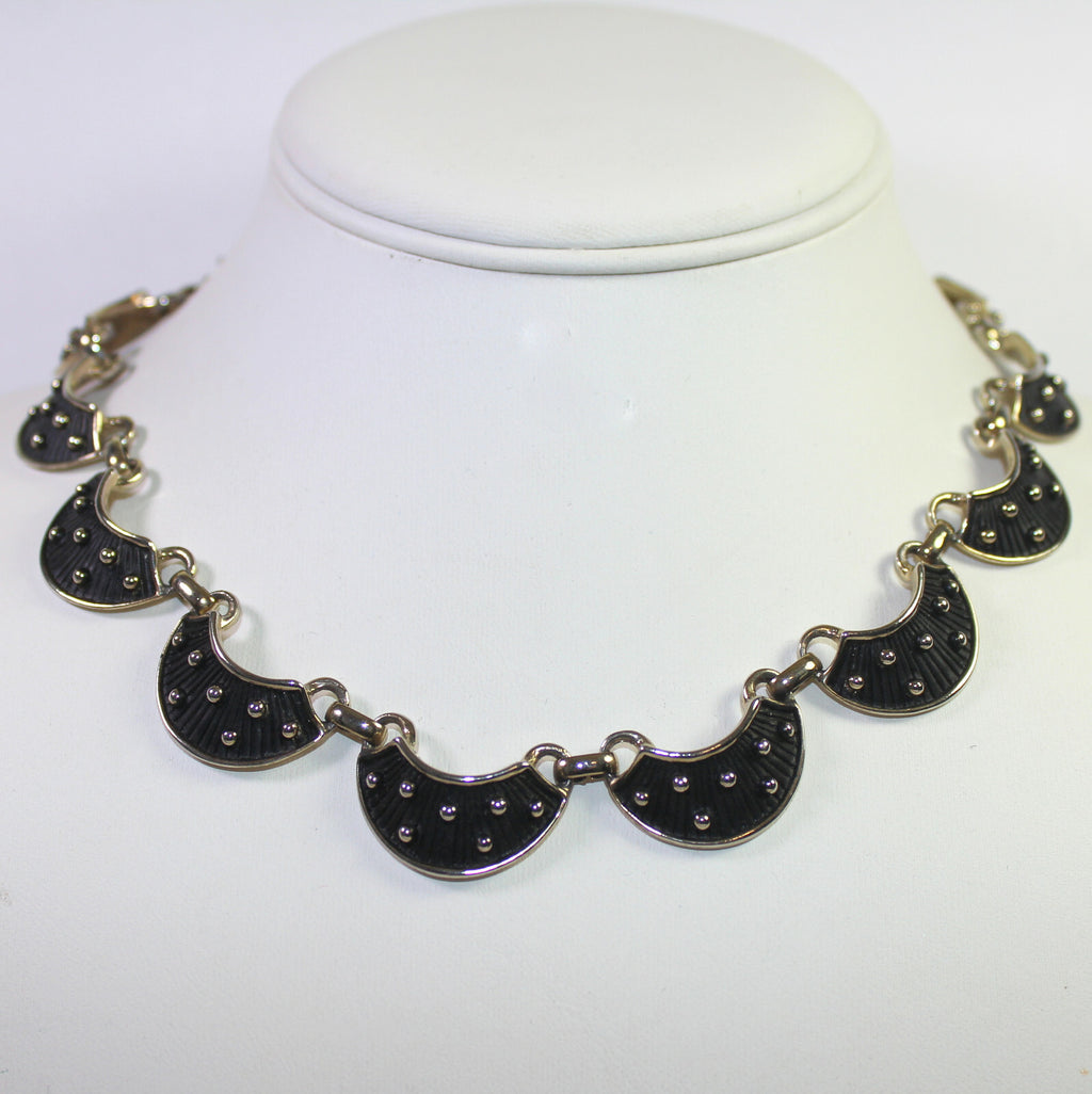 Vintage JUDY LEE Black Enamel Textured Polka Dot Necklace Bracelet Earrings Set