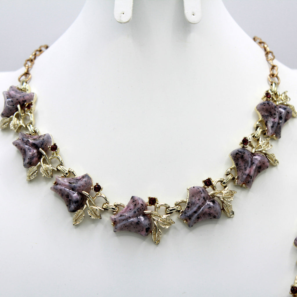 VTG Lavender Purple Lucite Bell Flower Rhinestone Necklace Bracelet Earrings Set