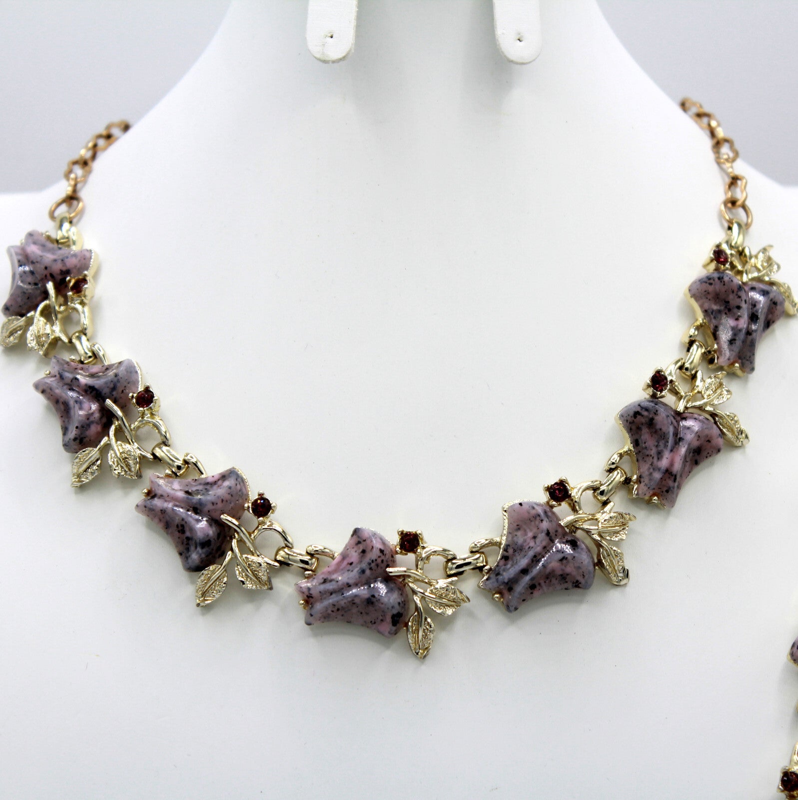 VTG Lavender Purple Lucite Bell Flower Rhinestone Necklace Bracelet Earrings Set